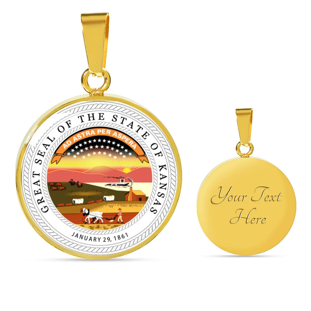 Kansas State Seal Personalized Engraved Gold Circle Necklace Custom Name Date G